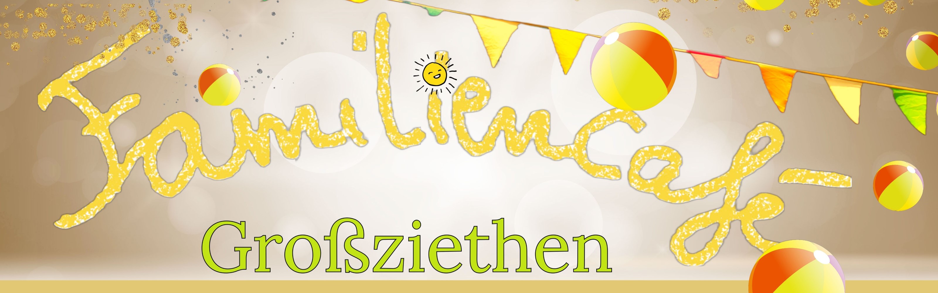 Text 'Familiencafé Großziethen" grafisch gestaltet in gelber Schrift mit Sonne und Bällen