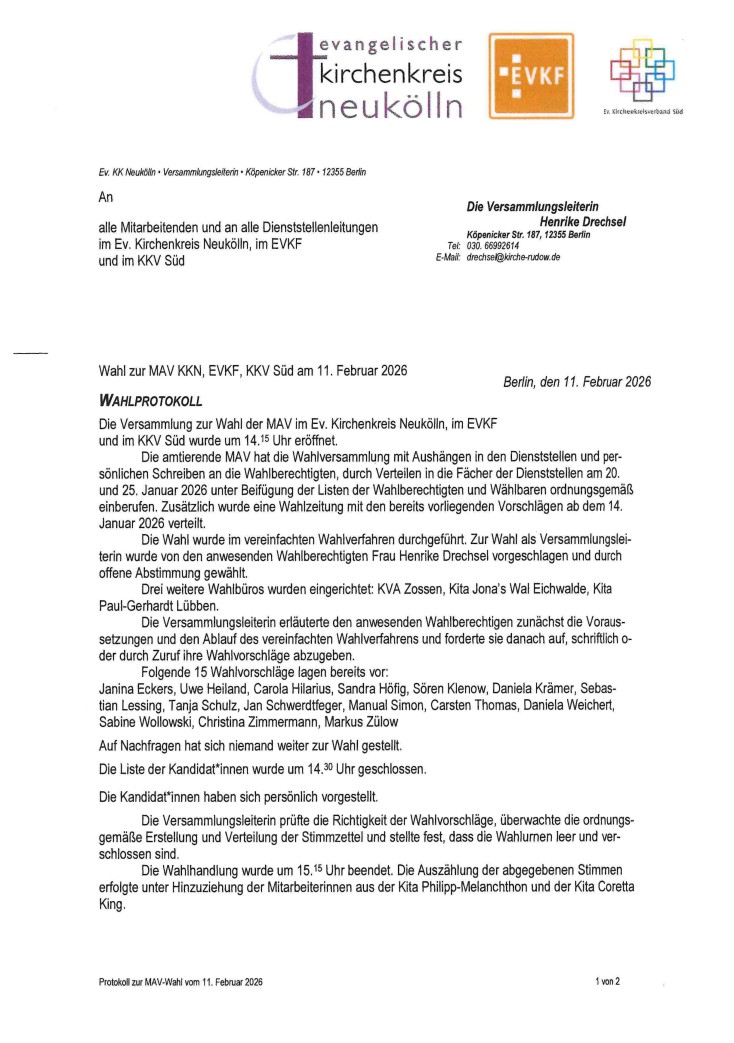 Foto von Seite 1 des MAV-Wahlprotokolls 2026