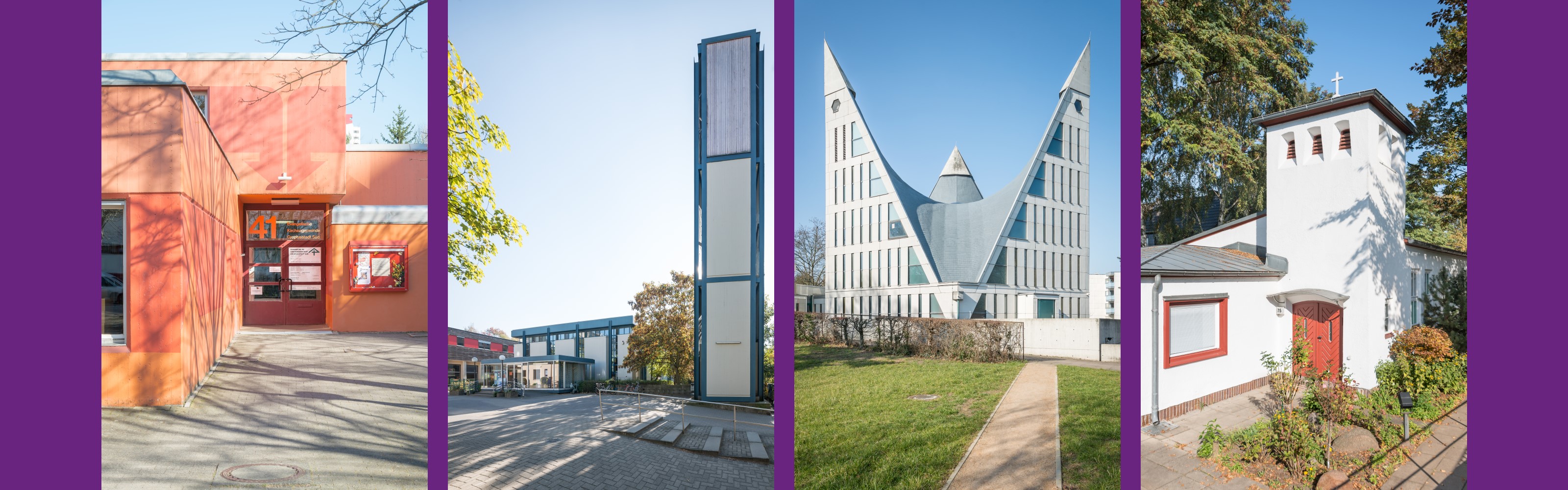 Kirchen von links: Apfelsinenkirche, Martin-Luther-King-Kirche, Dreeinigkeitskirche, Philipp-Melanchthon-Kapelle