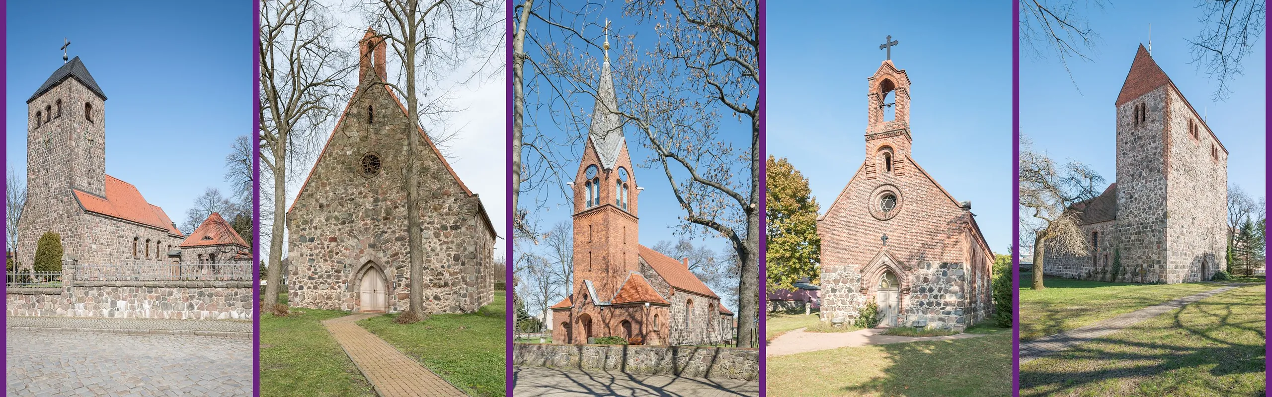 Kirchen von links: Dorfkirche Schönefeld, Dorfkirche Brusendorf, Dorfkirche Großziethen, Dorfkirche Rotberg, Dorfkirche Selchow