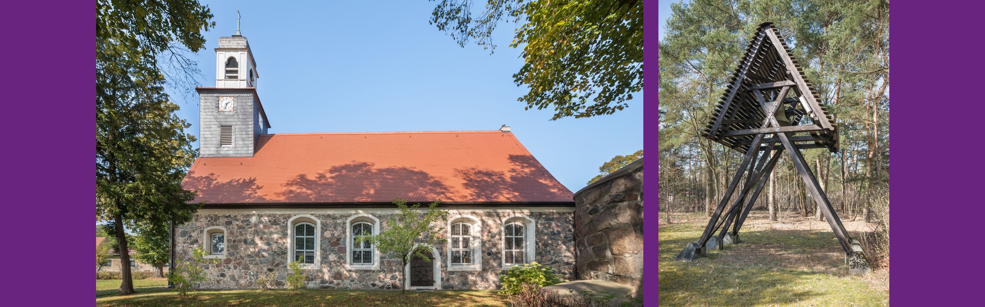 Dorfkirche Schenkendorf und Glockenturm des Vereinshauses Zeesen von außen