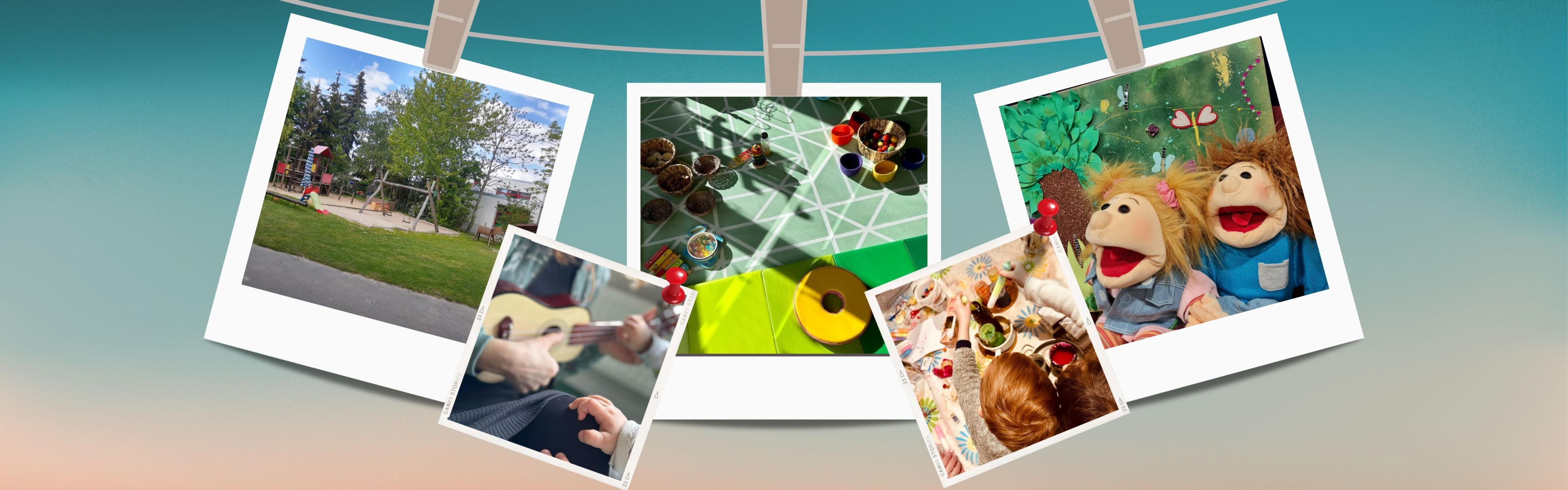 Fotokarten mit Bildern aus dem Familienzentrum Neu-Buckow hängen an einer Schnur