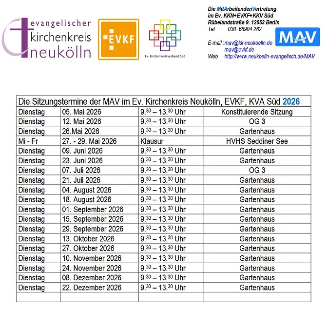 Termine der MAV-Sitzungen bis Ende 2026