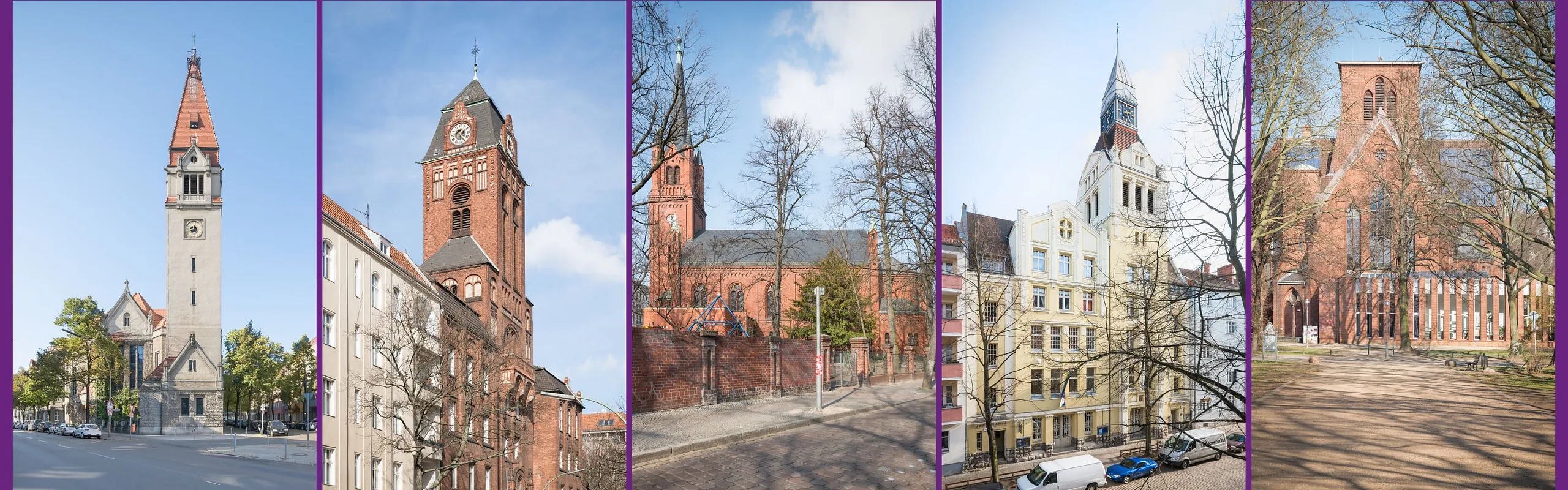 Fotos von links: Philipp-Melanchthon-Kirche, Martin-Luther-Kirche, Magdalenenkirche, Nikodemuskirche, Genezarethkirche
