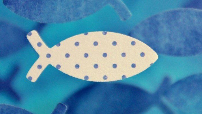 Grafik mit weißem Fisch gemeinsam mit blauen Fischen