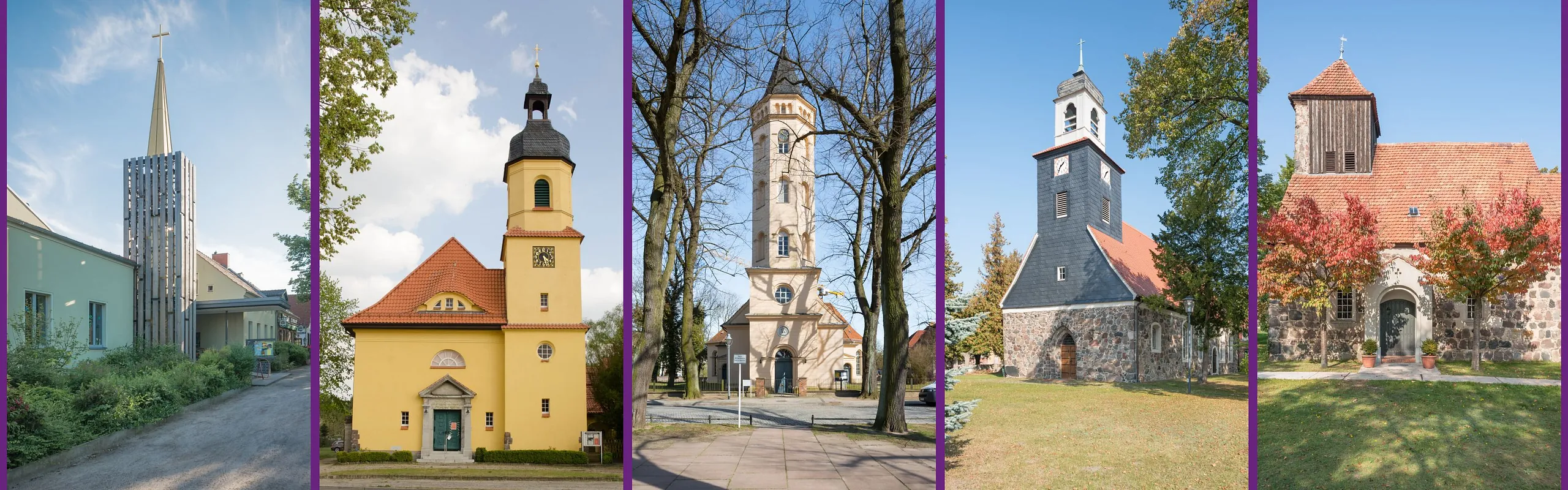 Kirchen von links: Kirchgemeindehaus Senzig, Kirche Niederlehme, Kreuzkirche Königs Wusterhausen, Dorfkirche Schenkendorf, Dorfkirche Deutsch Wusterhausen