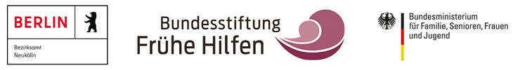 Logos der Bundesstiftung Frühe HIlfen, des Bezirksamtes Neukölln und dem Bundeministerium für Familie, Senioren, Frauen und Jugend