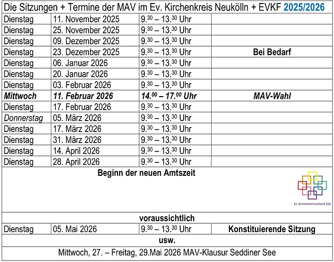 Termine der MAV-Sitzungen bis Ende April 2026